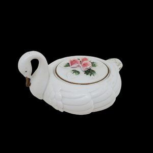 Porcelain White Swan Trinket Box Pink Rose Flowers Green Leaves Lid 2.1"H 4.5"L